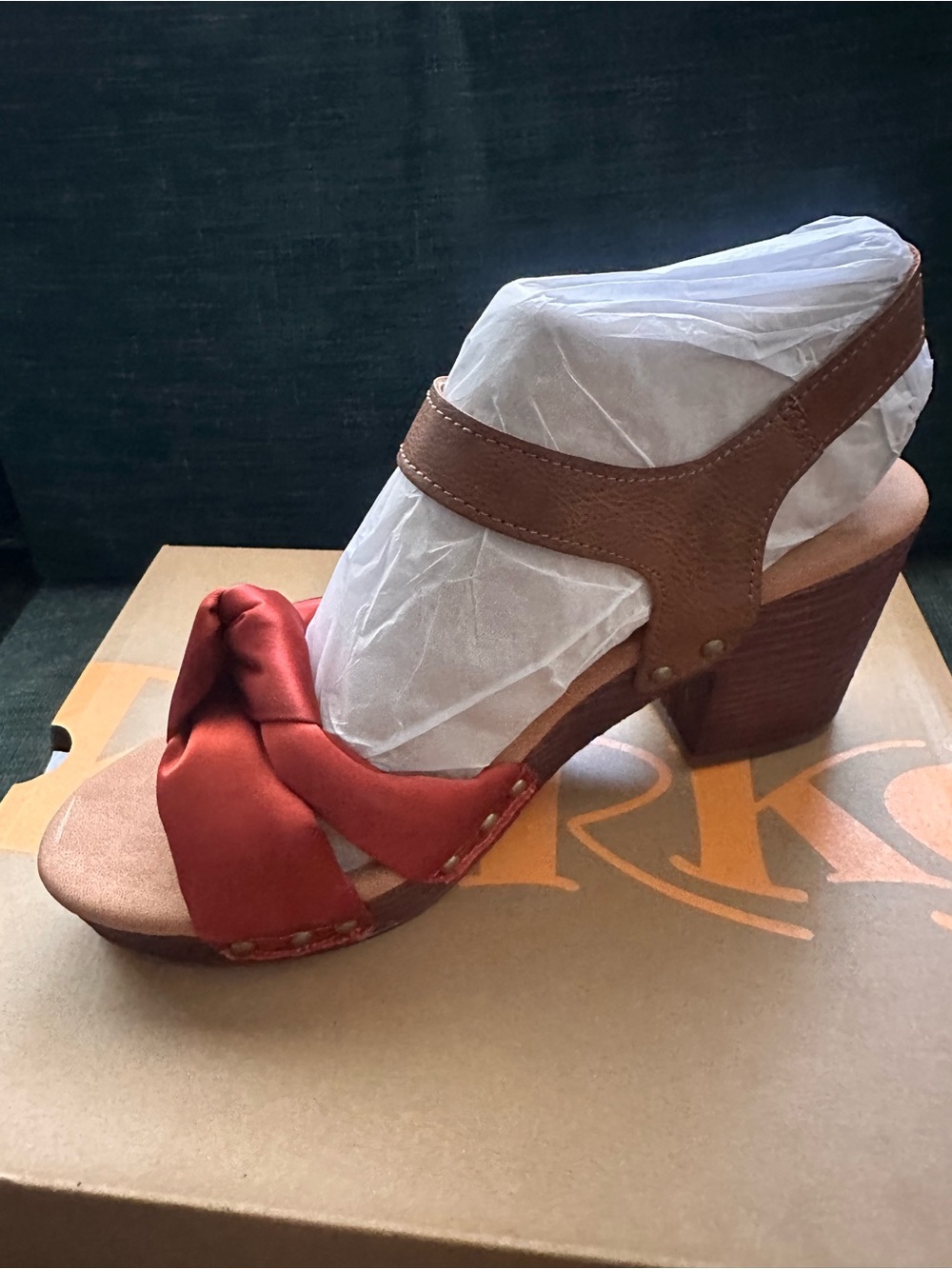 Women's Red Satin Knot Front Block Heel Sandal - Brown Trim